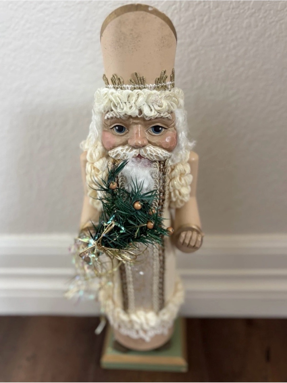 Vintage Wooden Santa Claus Nutcracker Figurine White Gold Elegant Holiday Decor